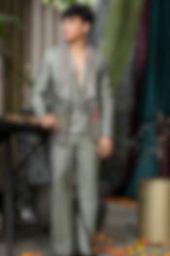 Sage Green Handloom Silk Hand Embroidered Jacket Set For Boys by Soniya G KIDS at Pernia's Pop Up Shop