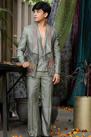 Sage Green Handloom Silk Hand Embroidered Jacket Set For Boys by Soniya G KIDS