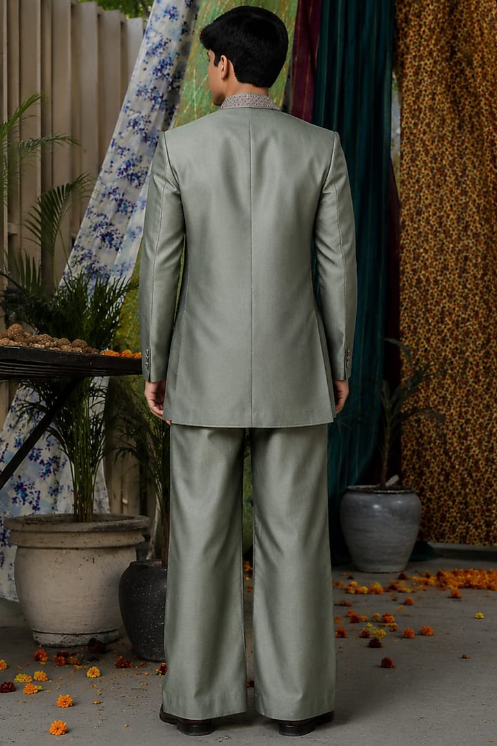 Sage Green Handloom Silk Hand Embroidered Jacket Set For Boys by Soniya G KIDS at Pernia's Pop Up Shop
