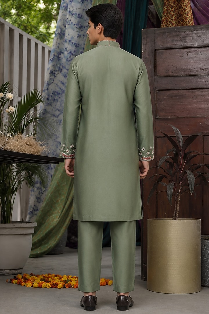 Green Handloom Silk Threadwork Indowestern Jacket Set For Boys by Soniya G KIDS at Pernia's Pop Up Shop