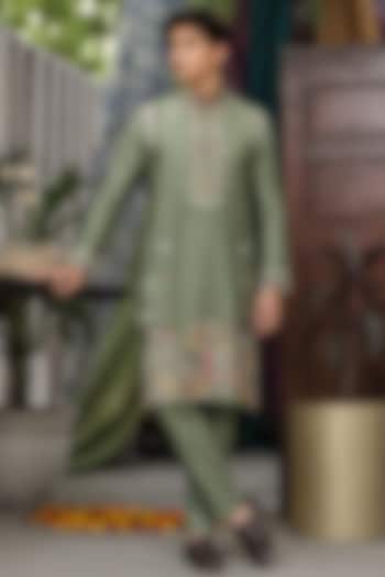Green Handloom Silk Threadwork Indowestern Jacket Set For Boys by Soniya G KIDS at Pernia's Pop Up Shop