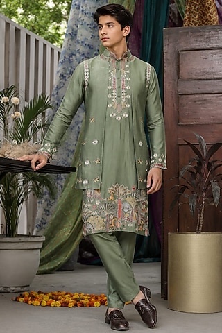 Green Handloom Silk Threadwork Indowestern Jacket Set For Boys by Soniya G KIDS