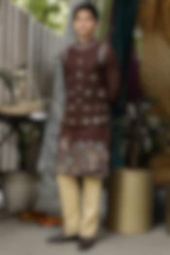 Deep Brown Handloom Silk Thread Embroidered Bundi Jacket Set For Boys by Soniya G KIDS at Pernia's Pop Up Shop