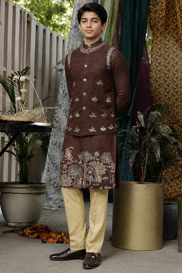 Deep Brown Handloom Silk Thread Embroidered Bundi Jacket Set For Boys by Soniya G KIDS at Pernia's Pop Up Shop