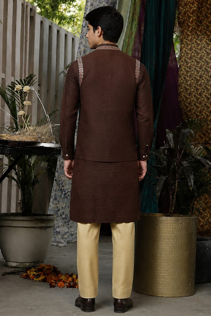 Deep Brown Handloom Silk Thread Embroidered Bundi Jacket Set For Boys by Soniya G KIDS at Pernia's Pop Up Shop