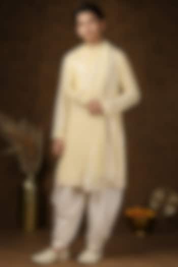Light Yellow Georgette Stone Embellished Kurta Set For Boys by Soniya G KIDS at Pernia's Pop Up Shop