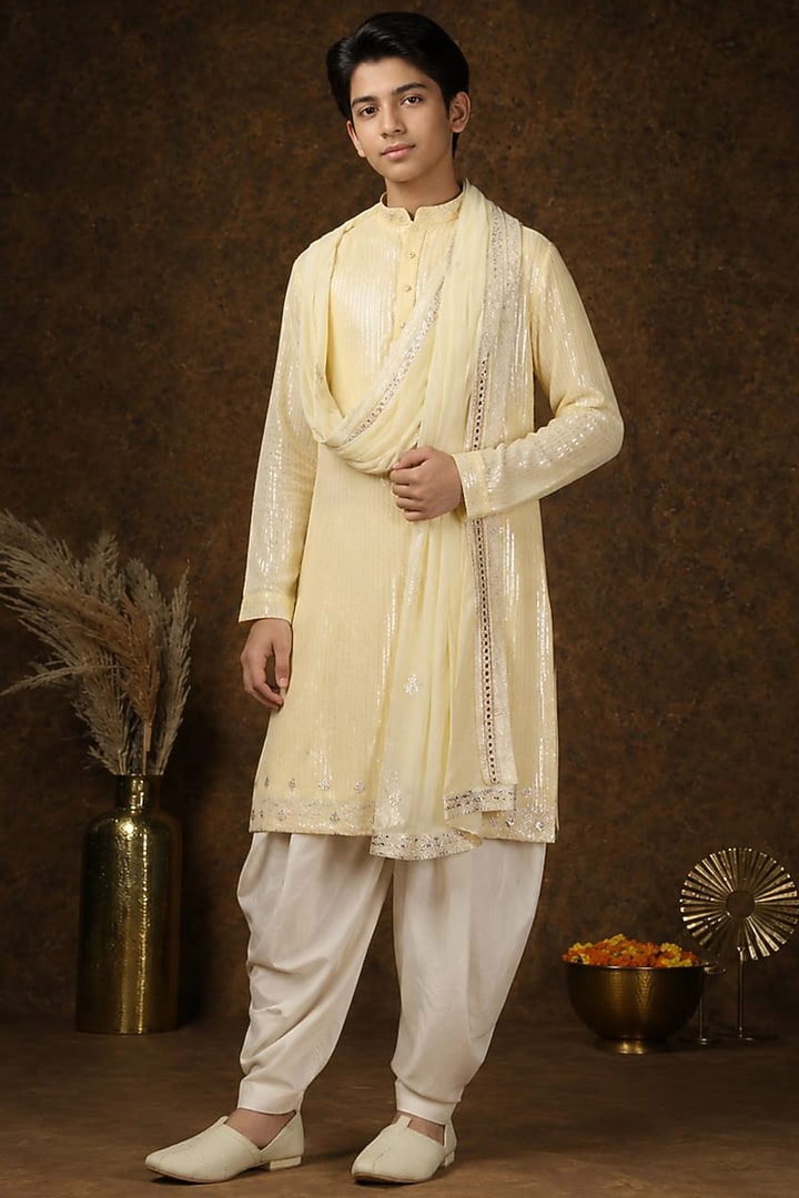 Light Yellow Georgette Stone Embellished Kurta Set For Boys by Soniya G KIDS at Pernia's Pop Up Shop