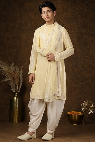Light Yellow Georgette Stone Embellished Kurta Set For Boys by Soniya G KIDS