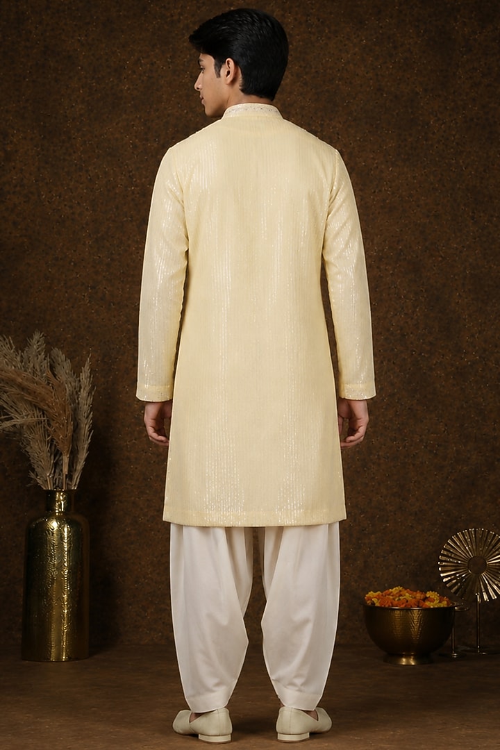 Light Yellow Georgette Stone Embellished Kurta Set For Boys by Soniya G KIDS at Pernia's Pop Up Shop