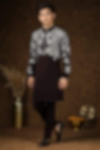 Brown Japanese Fabric Threadwork Kurta Set For Boys by Soniya G KIDS at Pernia's Pop Up Shop