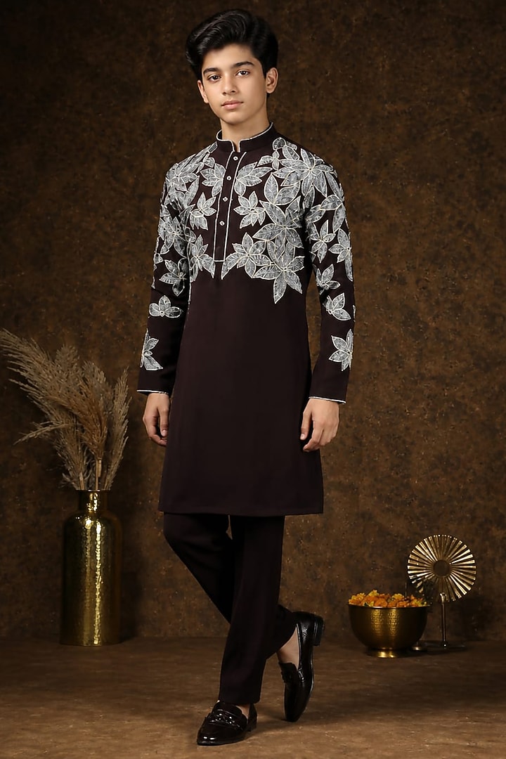 Brown Japanese Fabric Threadwork Kurta Set For Boys by Soniya G KIDS at Pernia's Pop Up Shop