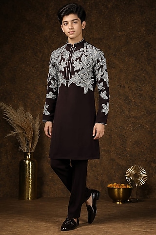 Brown Japanese Fabric Threadwork Kurta Set For Boys by Soniya G KIDS