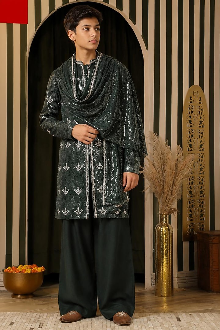 Deep Forest Green Georgette Embroidered Kurta Set For Boys by Soniya G KIDS at Pernia's Pop Up Shop