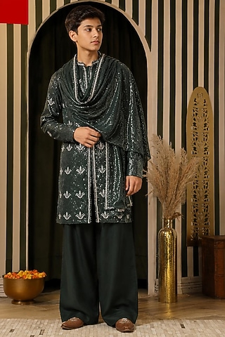Deep Forest Green Georgette Embroidered Kurta Set For Boys by Soniya G KIDS