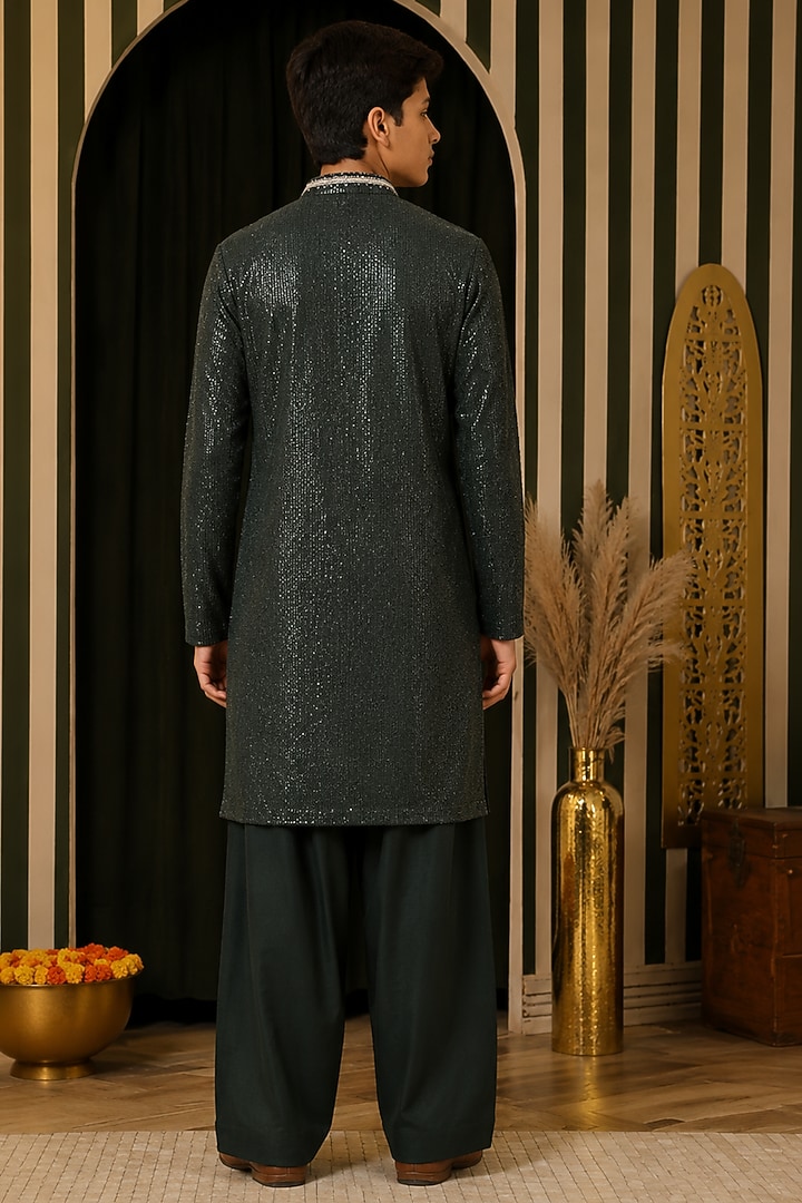 Deep Forest Green Georgette Embroidered Kurta Set For Boys by Soniya G KIDS at Pernia's Pop Up Shop