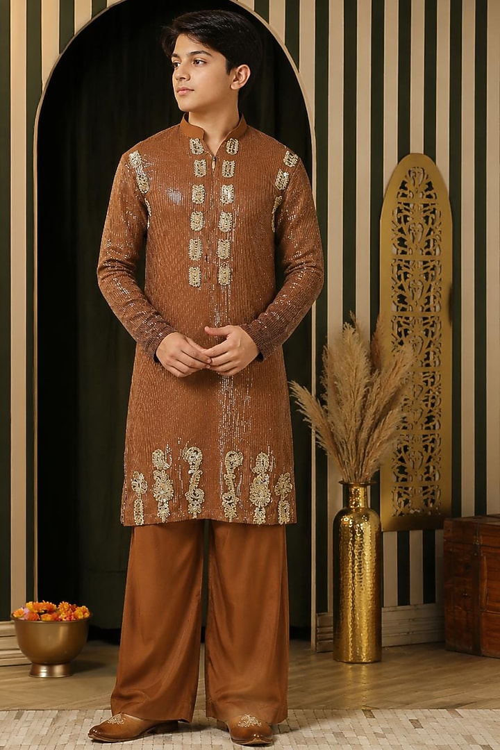 Bronze Gold Georgette Hand Embroidered Kurta Set For Boys by Soniya G KIDS at Pernia's Pop Up Shop
