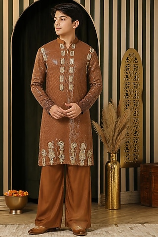 Bronze Gold Georgette Hand Embroidered Kurta Set For Boys by Soniya G KIDS