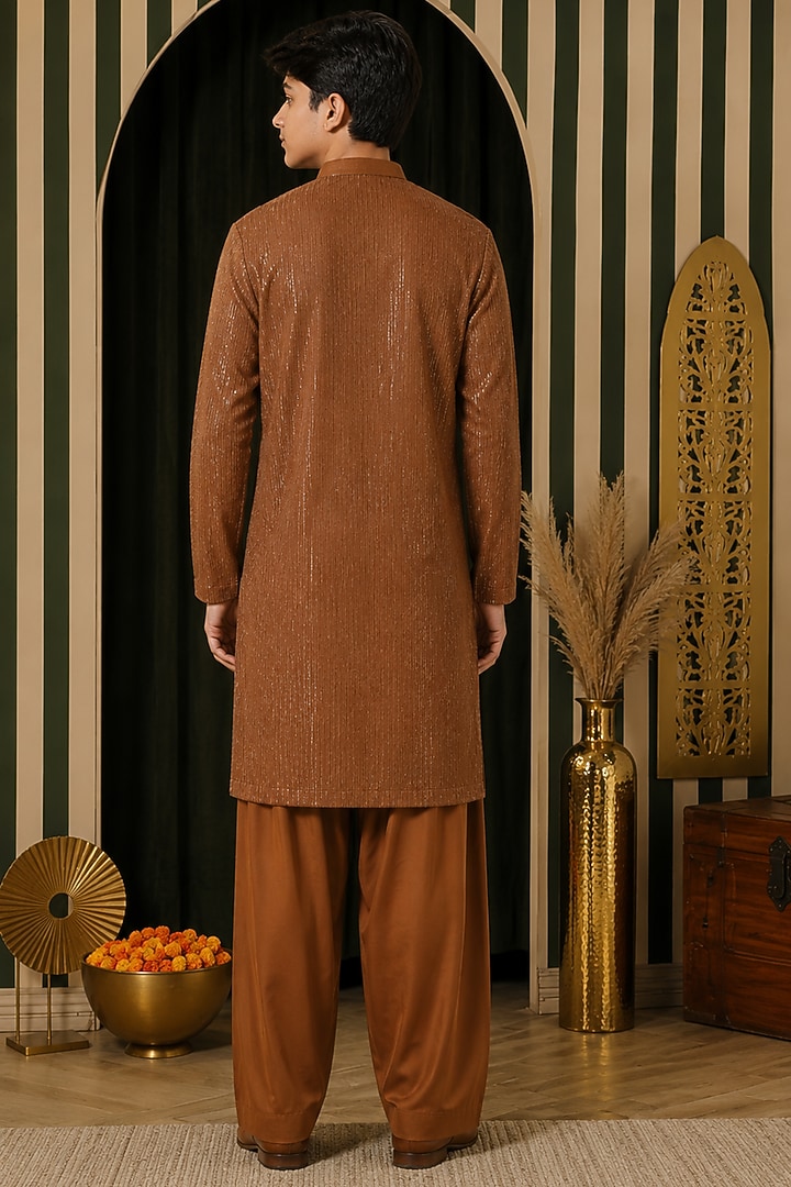 Bronze Gold Georgette Hand Embroidered Kurta Set For Boys by Soniya G KIDS at Pernia's Pop Up Shop