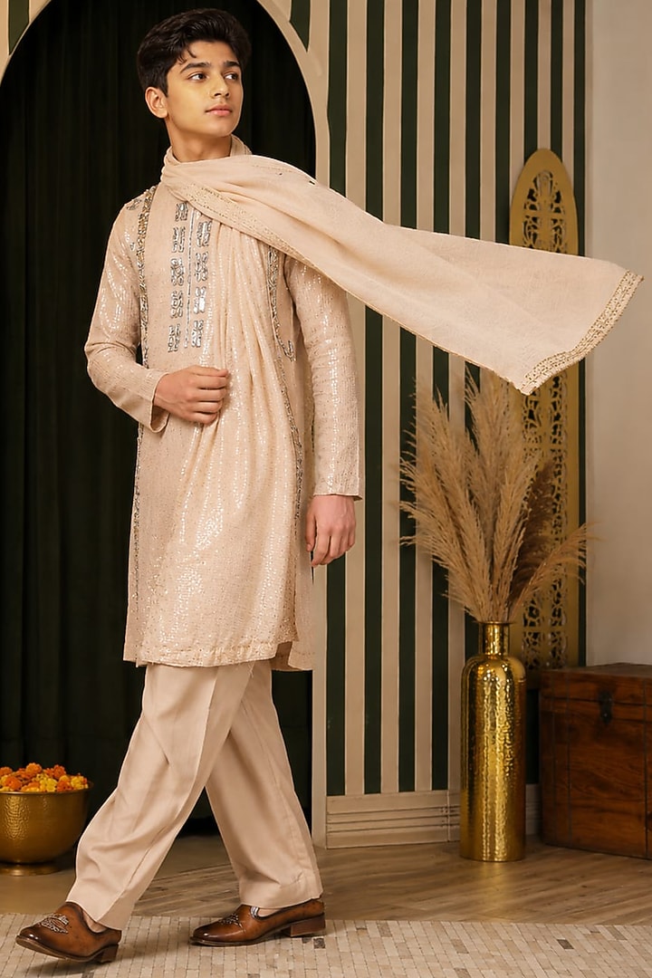 Ivory-Beige Georgette Embroidered Kurta Set For Boys by Soniya G KIDS at Pernia's Pop Up Shop