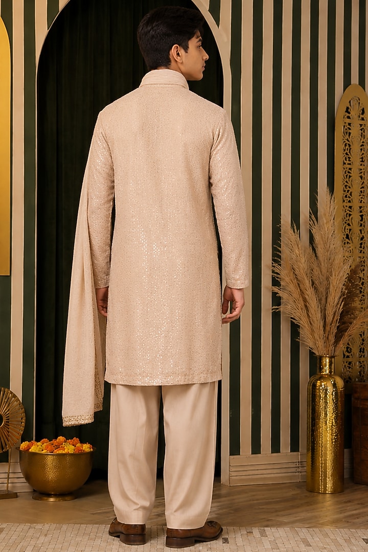 Ivory-Beige Georgette Embroidered Kurta Set For Boys by Soniya G KIDS at Pernia's Pop Up Shop