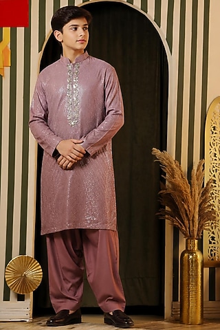 Purple Georgette Embellished Kurta Set For Boys by Soniya G KIDS