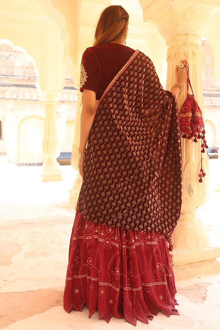 Sangria Red Lucknowi Chikankari Lehenga Set For Girls by Soniya G KIDS at Pernia's Pop Up Shop