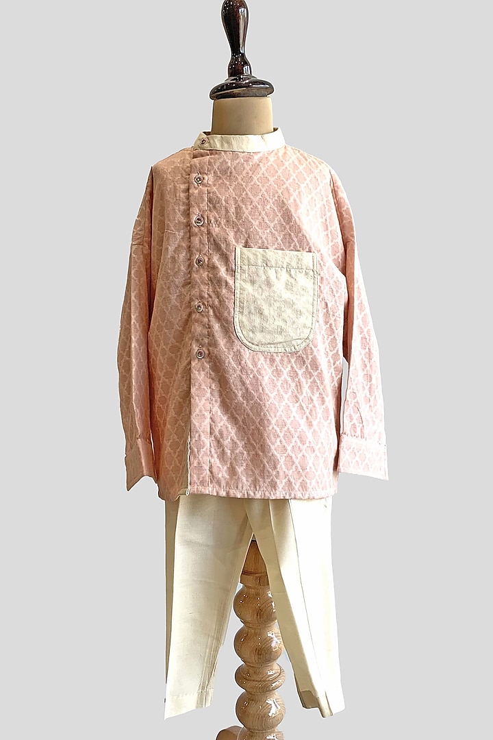 Peach Cotton Hand Embroidered Kurta Set For Boys by SnuggleMe at Pernia's Pop Up Shop