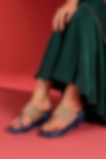 Blue Synthetic Leather Sequins Embellished Open-Toe Wedges by Sana K Luxurious Footwear at Pernia's Pop Up Shop