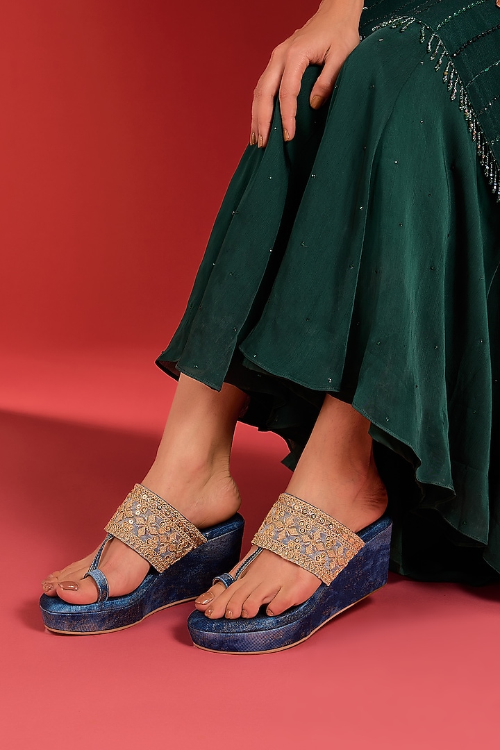 Blue Synthetic Leather Sequins Embellished Open-Toe Wedges by Sana K Luxurious Footwear at Pernia's Pop Up Shop