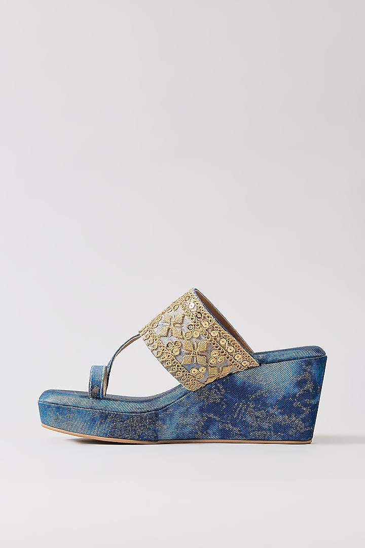 Blue Synthetic Leather Sequins Embellished Open-Toe Wedges by Sana K Luxurious Footwear at Pernia's Pop Up Shop