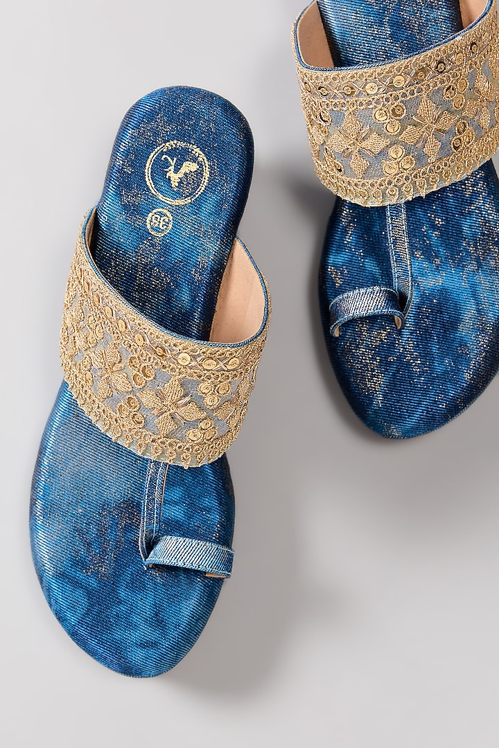 Blue Synthetic Leather Sequins Embellished Open-Toe Wedges by Sana K Luxurious Footwear at Pernia's Pop Up Shop