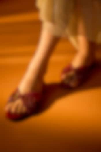 Red Synthetic Rhinestone Work Handcrafted Flats by Sana K Luxurious Footwear at Pernia's Pop Up Shop