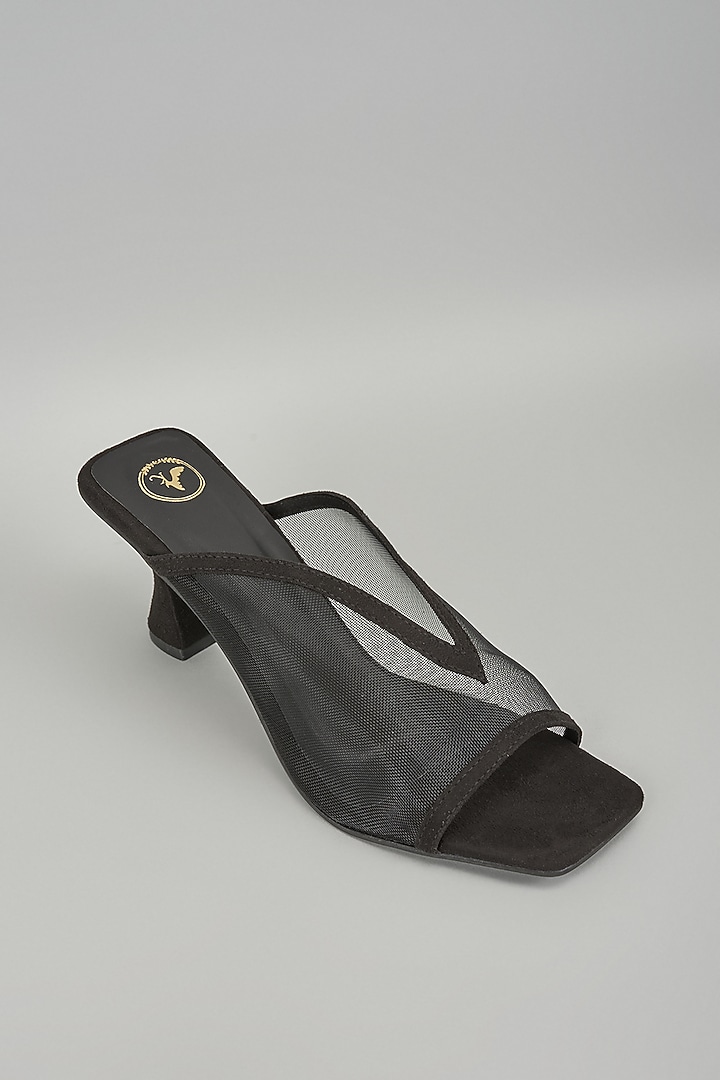 Black Synthetic Net Heels by Sana K Luxurious Footwear at Pernia's Pop Up Shop