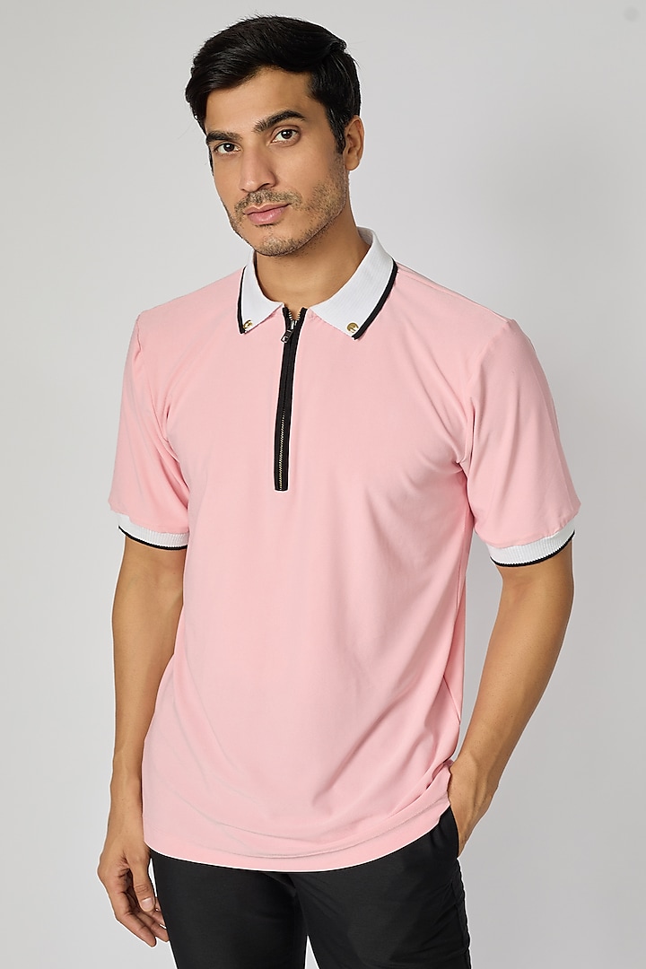 Pink Knitted Jersey Polo T-Shirt by Shivan & Narresh Men