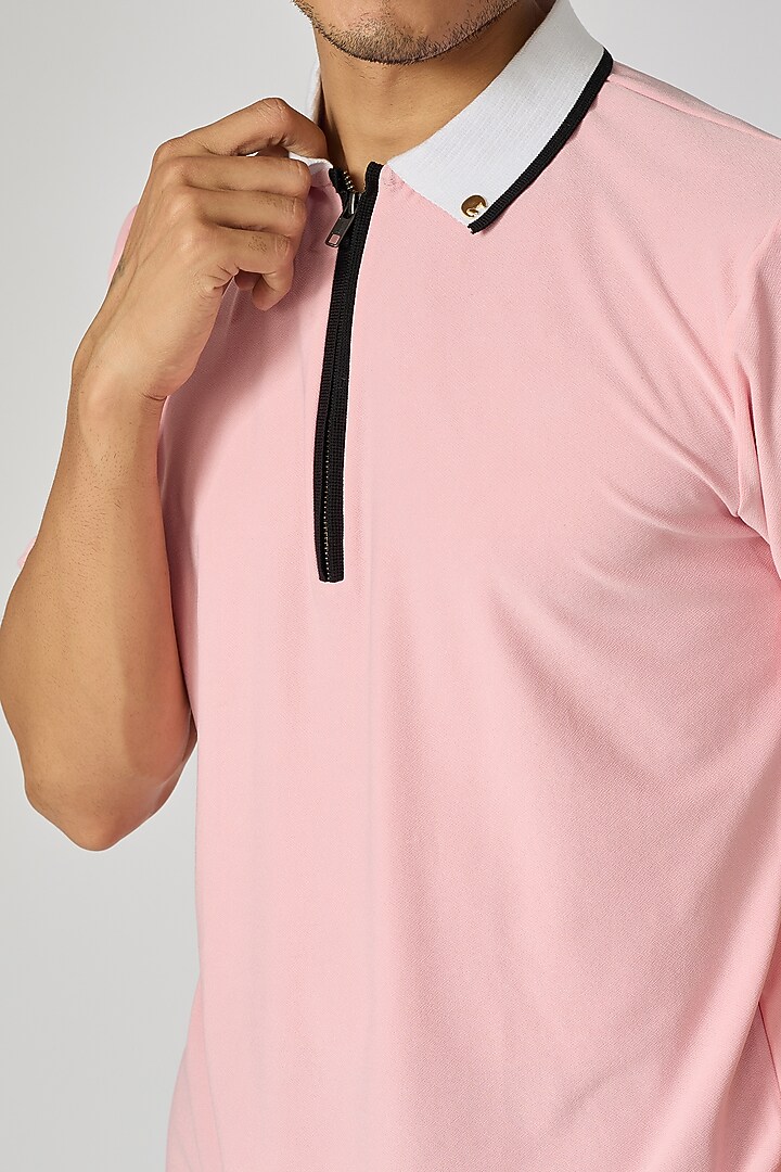 Pink Knitted Jersey Polo T-Shirt by Shivan & Narresh Men at Pernia's Pop Up Shop