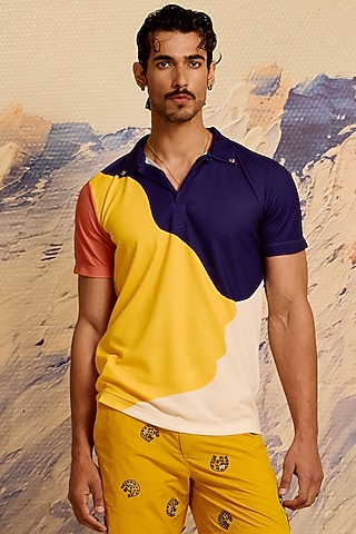 Multi-Colored Knitted Polyester Jersey Printed Polo T-Shirt by Shivan & Narresh Men