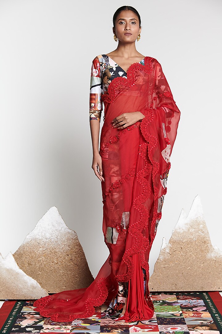 Red Silk Organza Saree Set by Shivan & Narresh