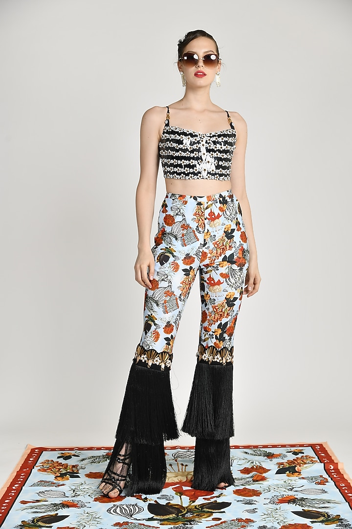 Multi Colored Printed Skein Fringed Trouser Pants by Shivan & Narresh