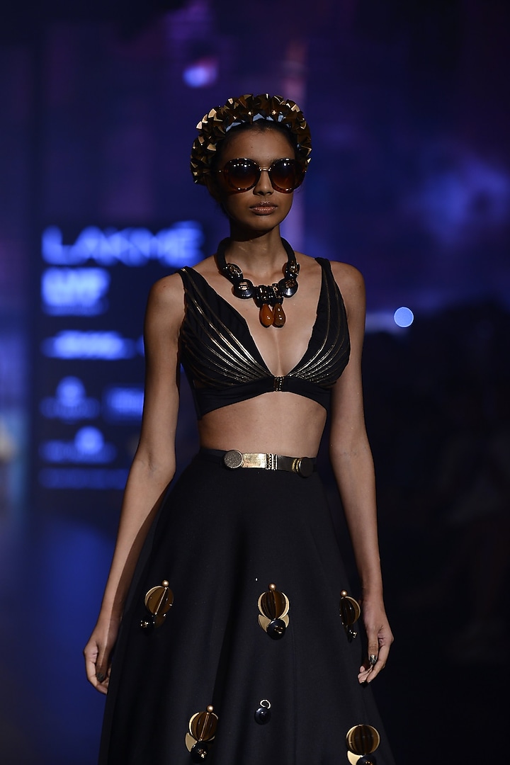 Black and Gold Leather Applique Work Blouse by Shivan & Narresh
