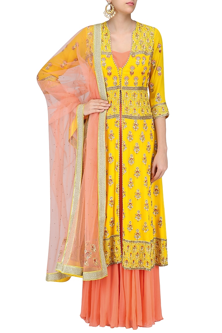 Poppy Yellow Embroidered Jacket with Peach Bustier and Sharara Pants by Sanna Mehan