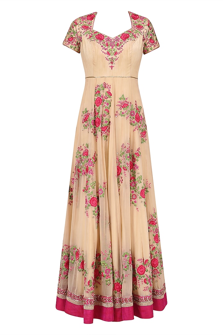 Beige and Pink Embroidered Anarkali Set by Sanna Mehan