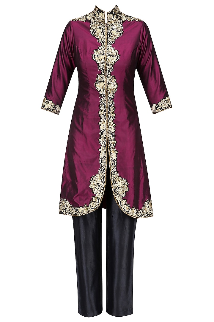 Wine Pita Embroidered Jacket with Black Pants by Sanna Mehan