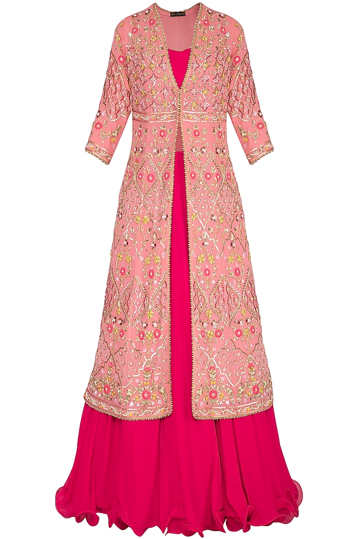 Peach Pink & Red Embroidered Jacket Lehenga Set by Sanna Mehan