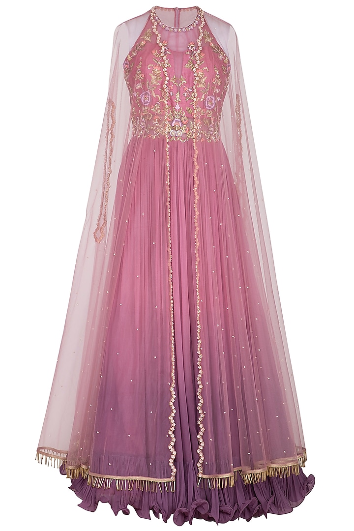 Lavender Embroidered Ombre Anarkali Gown With Cape by Sanna Mehan