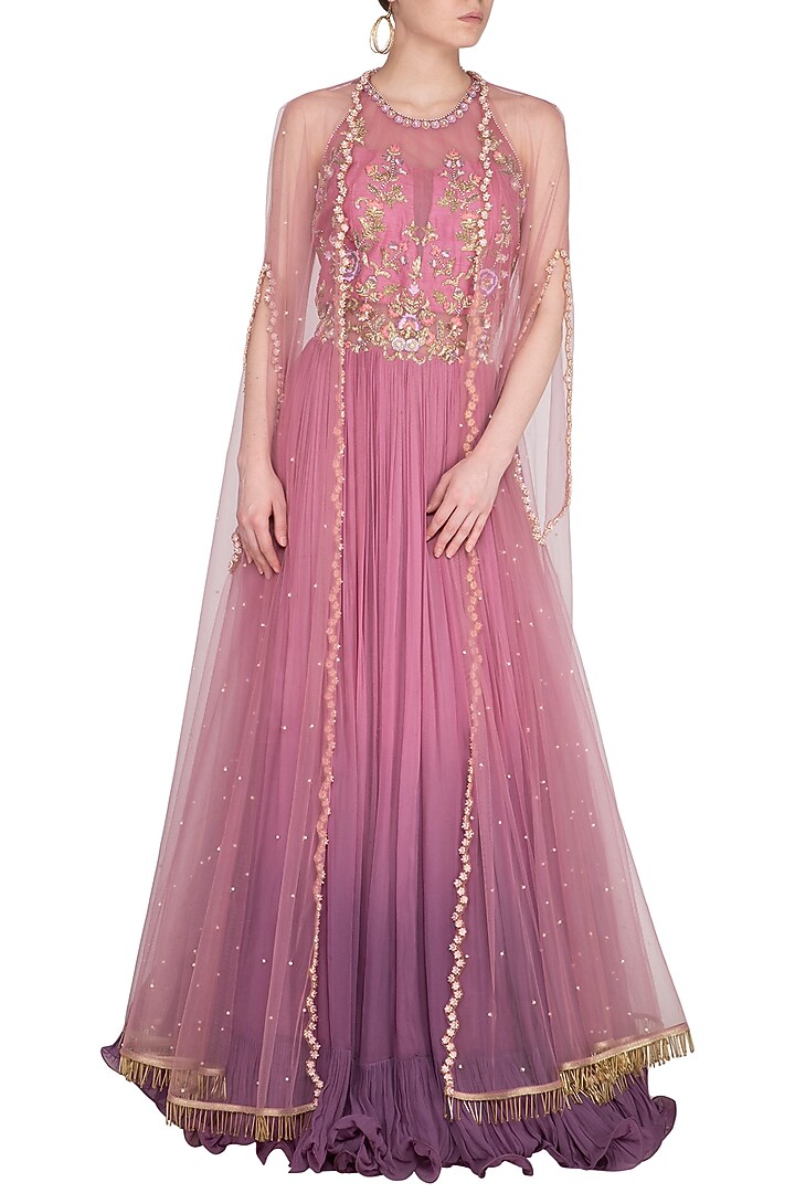 Magenta Ombre Embroidered Heavy Wedding Anarkali Gown