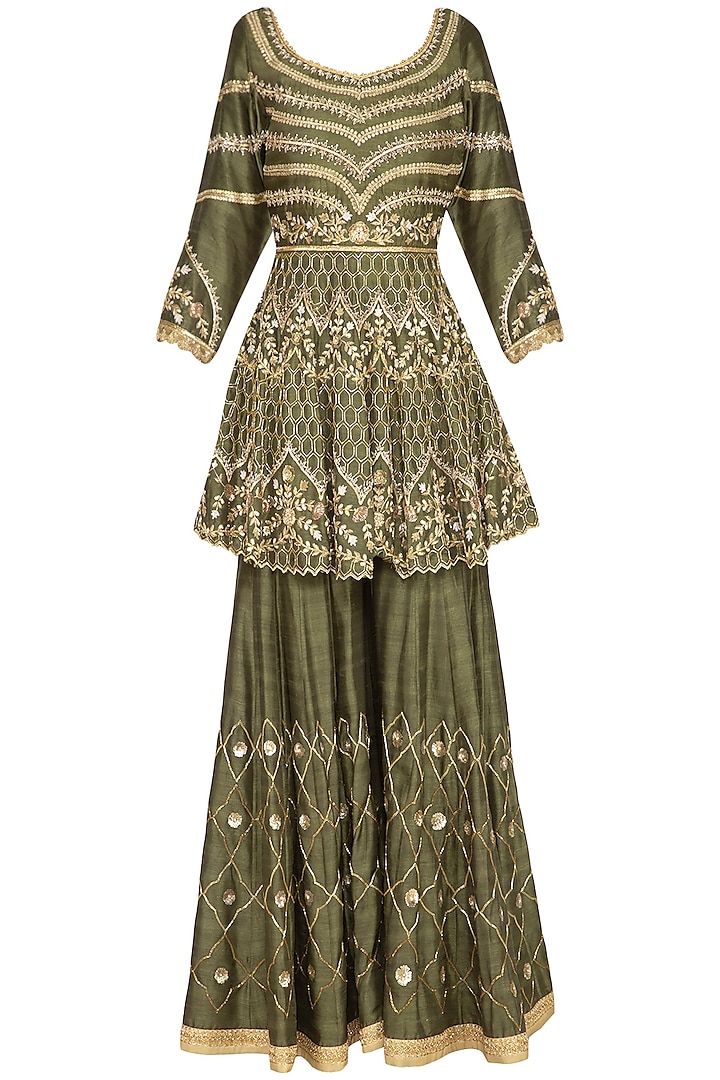 Olive Green Embroidered Sharara Set by Sanna Mehan