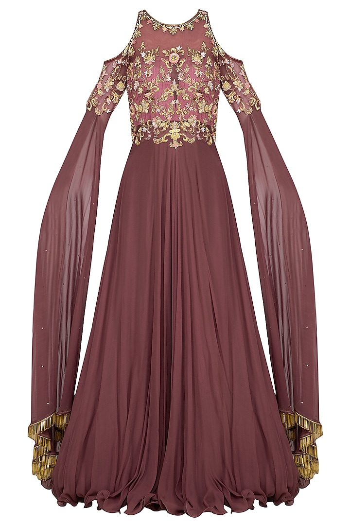 Toasted Almond Embroidered Cold-Shoulder Gown by Sanna Mehan