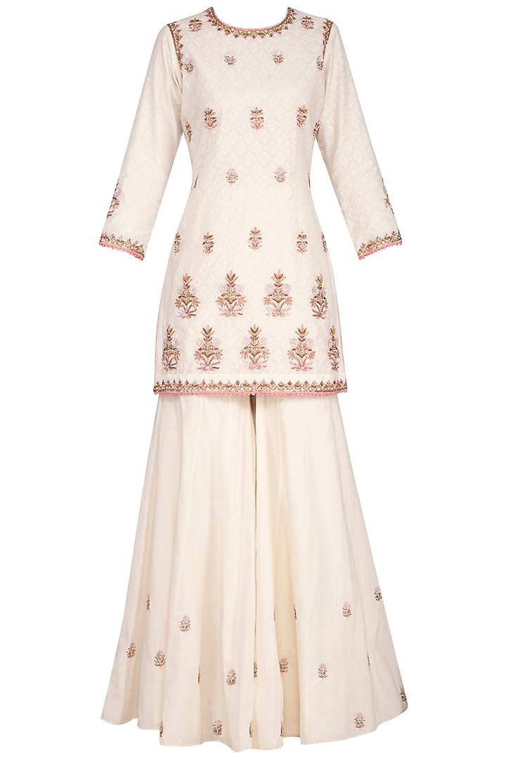 Ivory Embroidered Sharara Set by Sanna Mehan