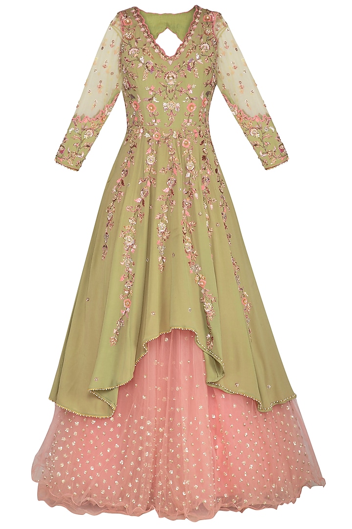 Olive Green Embroidered Lehenga Set by Sanna Mehan at Pernia's Pop Up Shop