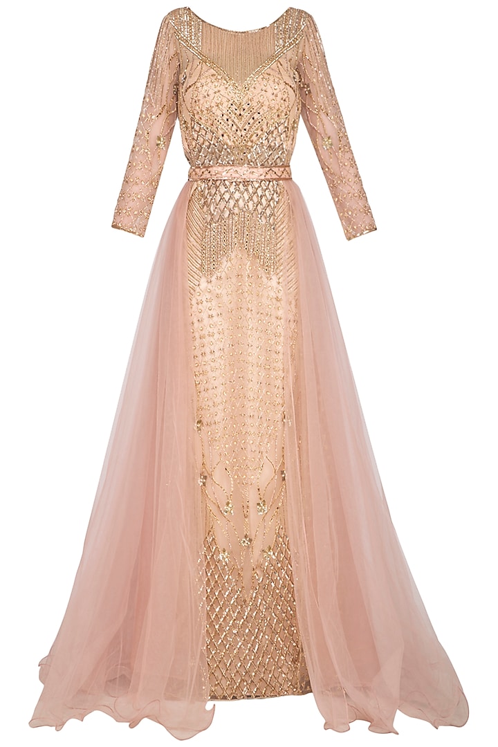 Champagne Embroidered Belted Gown by Sanna Mehan